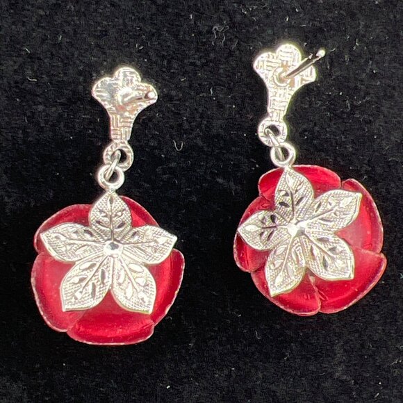 Handcrafted Red Rose Drop Earrings With Silver Accents & Clip-On Backs - Picture 6 of 7